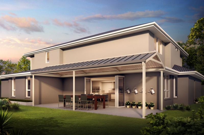 Gable pitched roof patio attached to house