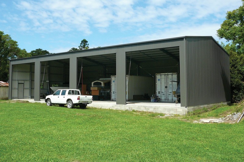 Four bay workshop shed with doors open
