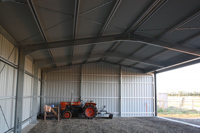 Internal view of open front farm shed